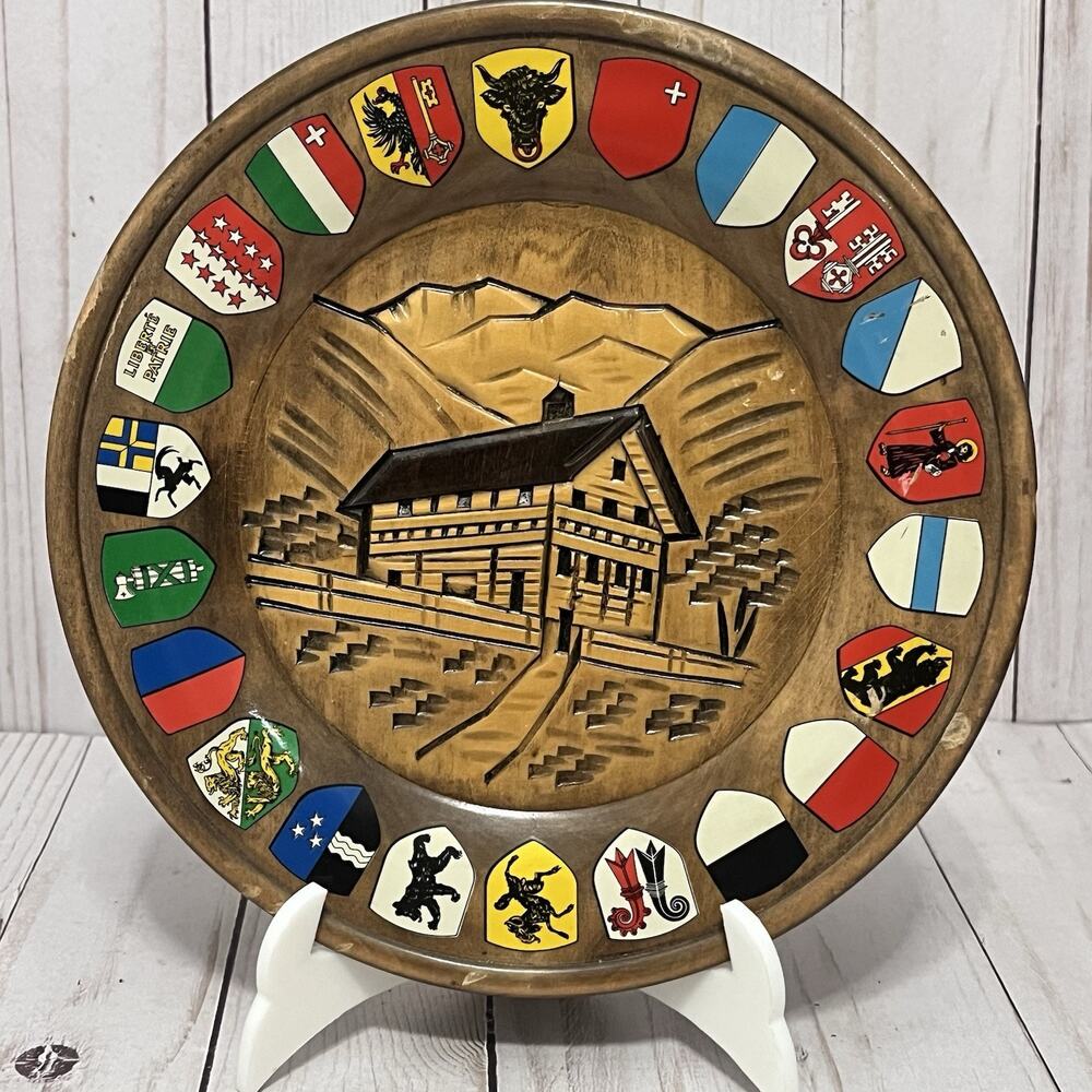 Hand Carved Wooden Shield/Crest Wall Plaque Mountain Cabin Scene Switzerland